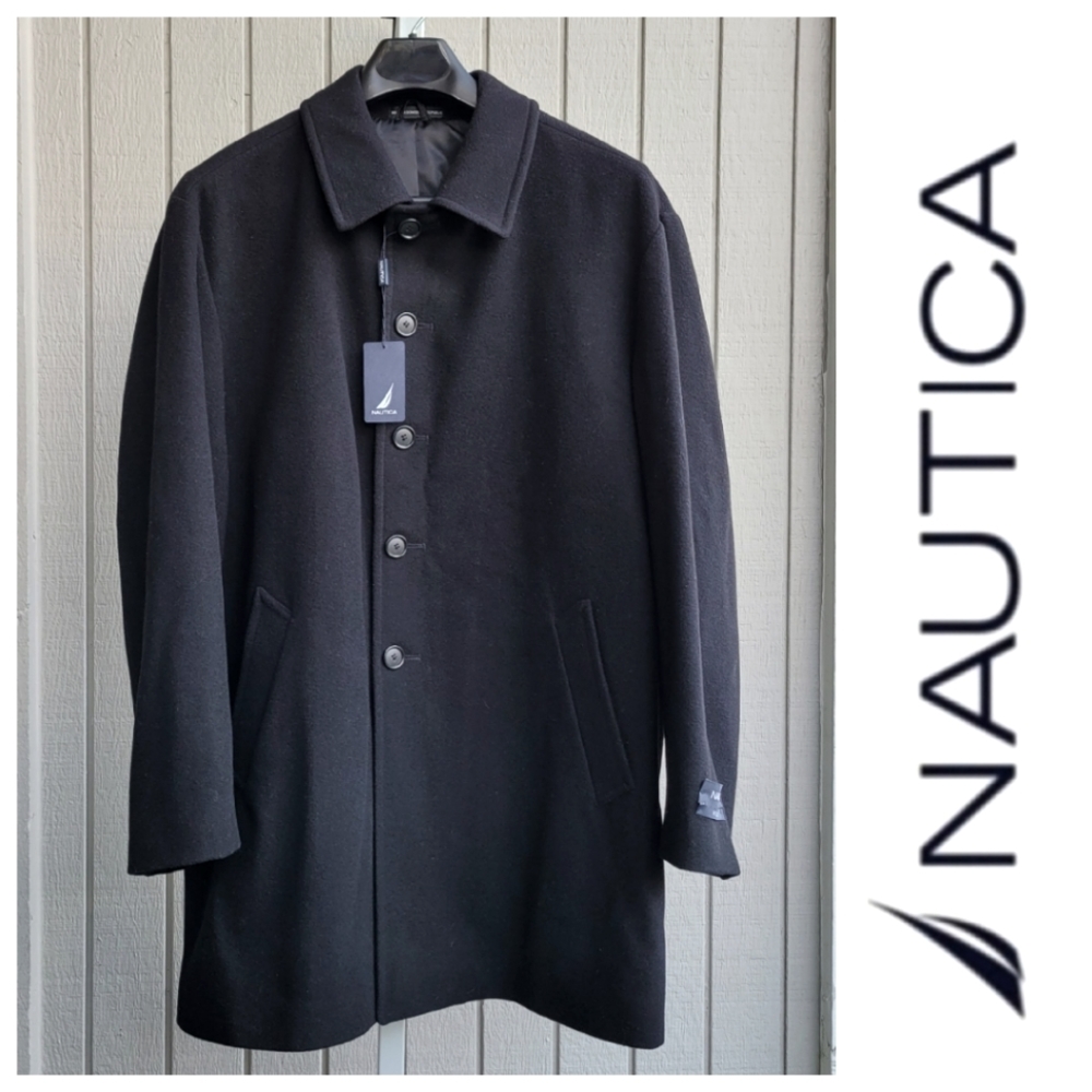Men's Long Wool Pea Coat 44R | Nautica NEW Black Single Breasted Dress C…